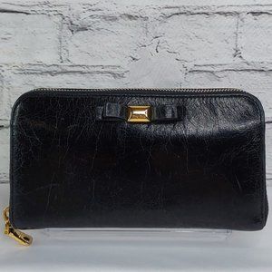 'MIU MIU' DISTRESSED LEATHER LONG WALLET FULL-ZIP EMBOSSED BOW FRONT SMOKE~ONYX